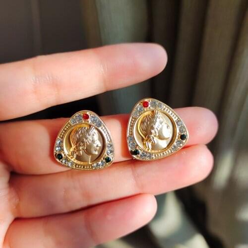 TARCLIY Vintage Palace Style Human Head Portrait Triangle Earring Shiny Rhinestone Stud Earring Women Temperament Jewelry New