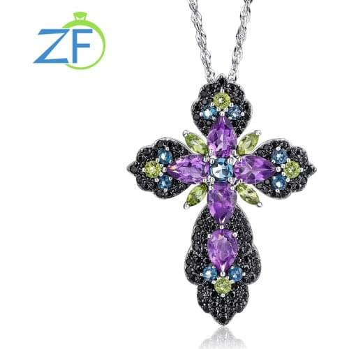 GZ ZONGFA Natural Topaz Black Spinel Gem handmade Fashion Jewelry 925 Sterling Silver Pendants Cross Necklace