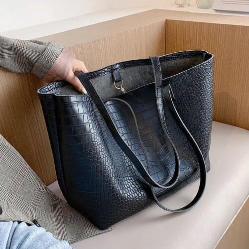 Stone Pattern women handbag and Purses Casual PU Leather female Shoulder Bag large capacity Travel Simple Big totes black