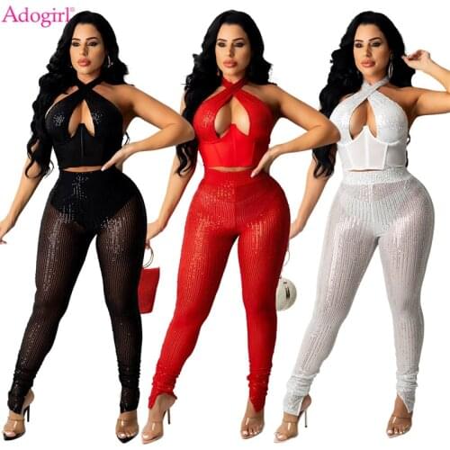 Adogirl Women Sexy Sequins Two Piece Set Hollow Out Cross Halter Corset Crop Tops Split Pencil Pants Club Birthday Party Suits