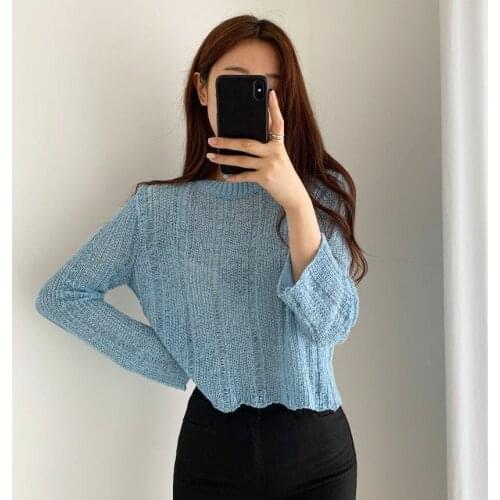 Woman Sweaters Pullover Knitted Top Womens Autumn White Round Neck Hollow-out Short Long Sleeve Loose Blouse Femme Chandails