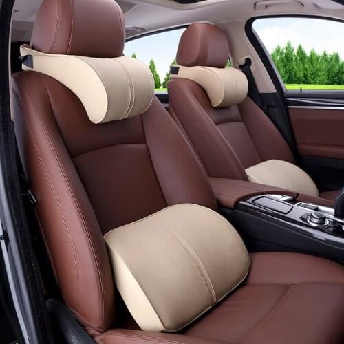 2Pcs PU Leather Car Ergonomic Memory Creative Cotton Headrest Neck Rest Cushion Pillow&Car lumbar pillow interior accessories