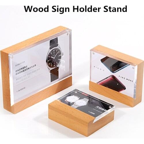 90*55mm Wood Clear Price Paper Holder Tabletop Acrylic Sign Holders Display Stand Photo Picture Frame