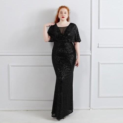Sequins Zipper Back Evening Dress Simple V-Neck Empire Floor-Length Short Sleeves Mermaid New Plus Size Women Formal Gowns D1278