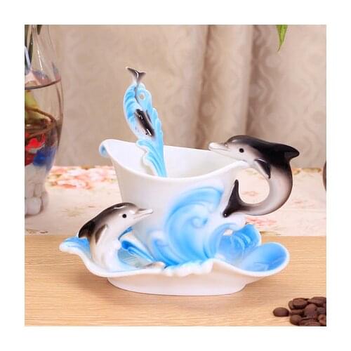 200ml Ocean Wizard dolphin cup and saucer Bone china ceramic couple coffee cups dish with a spoon high bone china gift set