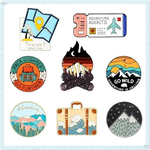 Camping explore enamel pins Bonfire backpack Cartoon Air ticket pins brooch scenery Lapel pin jewelry gifts for Adventure lovers