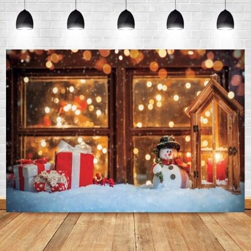 Laeacco Christmas Snowman Window Sill Photography Background Light Bokeh Gifts Snow Scenic Child Portrait Photocall Backdrops