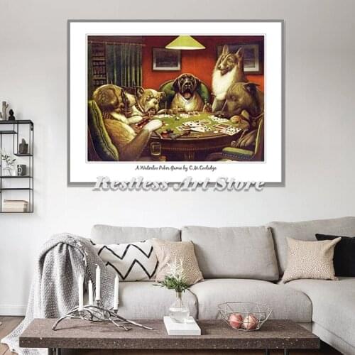 Canvas Painting A Waterloo Poker Game By C.M Coolidge Funny Dogs Play Cards At Table Posters And Prints Wall Pictures Home Decor