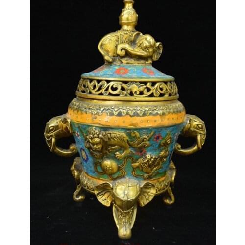 China Bronze Cloisonne Enamel Elephant Heffalump Head Lion Incense Burner Censer