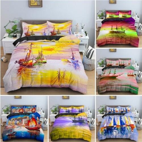 Watercolor Sailboat Bedding Set Bedclothes King Queen Twin Duvet Cover Set With Pillowcase 3D Luxury Quilt Covers 2/3Pcs