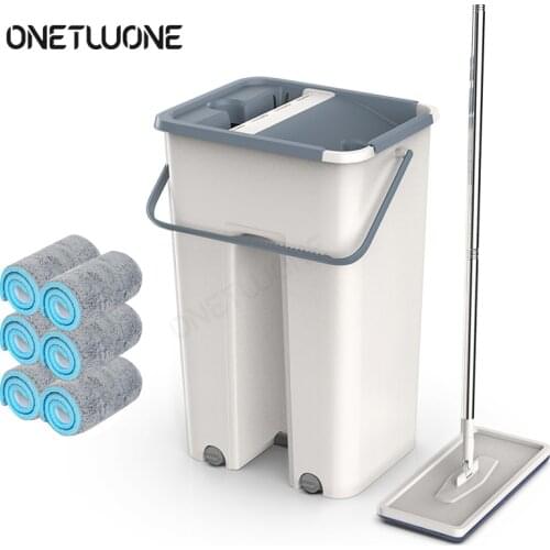 Kitchen Wooden Flat Squeeze Magic Automatic Mop And Bucket Avoid Hand Washing Microfiber Cleaning Cloth Floor Mop