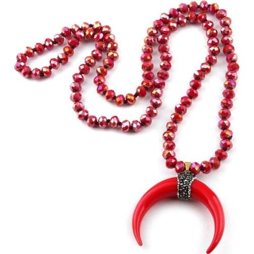 MOODPC Fashion Glass Crystal Long Knotted Ox Horn Moon Pendant Necklace Women Lariat Necklaces