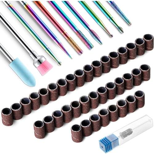 10 Pieces Nail Drill Bits Set Diamond Cuticle Remover Bits Kit with 150 Pieces Sanding Bands for Manicuring Home Salon Use