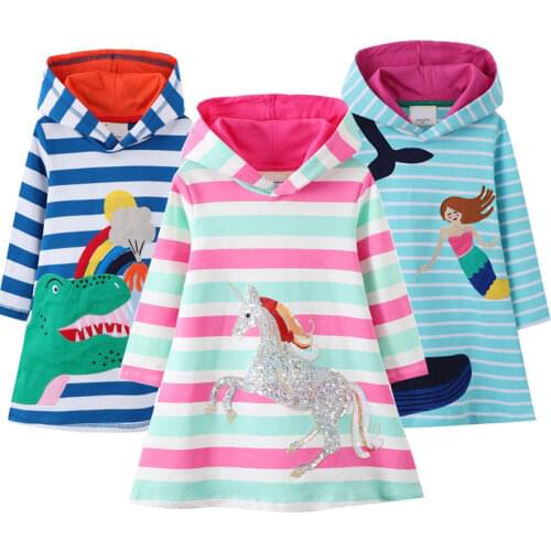 New Autumn Childrens Clothing Stripe Hooded Dress Baby Girls Animal Embroidery Clothes Child Sequined Unicorn Dress Kid Costume