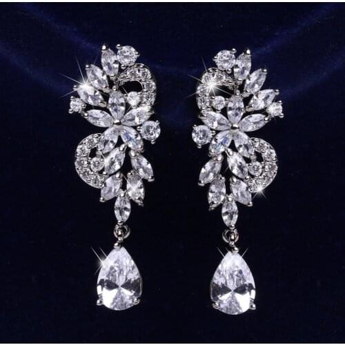 KSRA New Trendy AAA Crystal Cluster Drops Zircon Flower Shape Earrings For Women Popular Leaf Wedding Bridal Birthday Jewelry