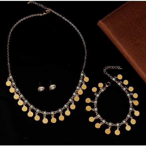 Natural Blue Stone Necklace/Earrings/Bracelet Gold Plated Dubai Gold Jewelry Sets for Women Gold Tassels Muslim Sets