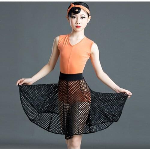 Latin Dance Dress Girls Tango Rumba Cha Cha Samba Salsa Practice Clothing Orange Sleeveless Bodysuit Black Mesh Skirt DN6157