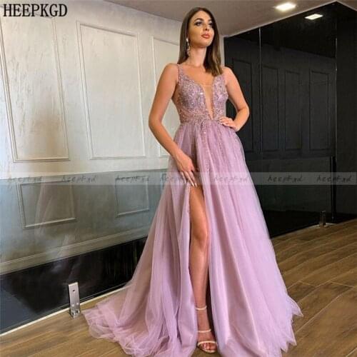 Dusty Pink Long Beading Tulle Evening Formal Dress With High Slit A Line Plus Size Women Prom Gown Customize Wedding Party Dress