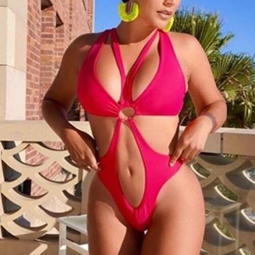 Pink One Piece Swimsuits Padded Swimwear Hollow Out WomenS Swimming Suit Female Bather Beachwear Swim