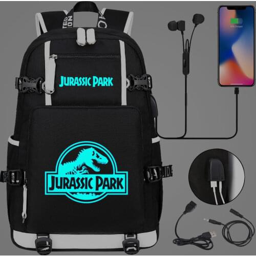 Luminous Jurassic Park USB Boy Girl Book School Bag Large Capacity Teenagers Student Schoolbags Women Men Laptop Travel Backpack