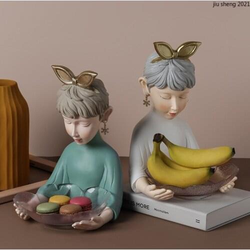 Girl Glass Tray European Resin Figure Figurines Creative Flower Glass Key Jewelry Cosmetic Storage Box Fruit Tray Home Ornaments