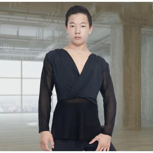 Ballroom Latin Dance Practice Wear Boy Dance Tops Black V-Neck Long Sleeve Shirt Latino Samba Dance Practice Top Costume DL6578