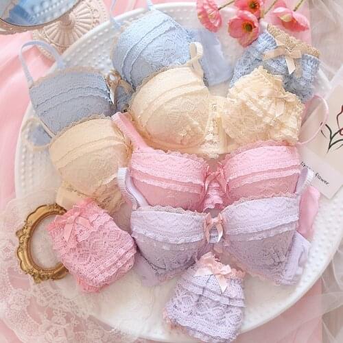 SO Sweet Sexy Lolita Girl Cake Lace Trim Underwear Set Japanese Womens No rims Underwire Soft Sister Push-Up Bra & Brief Set