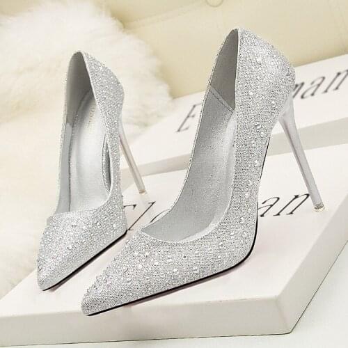 2020 New Women Pumps Spring Fall Office Shoes Sequined Cloth Slip On 10.5CM Thin High heels Pointed Toe Bling womens shoes 2020