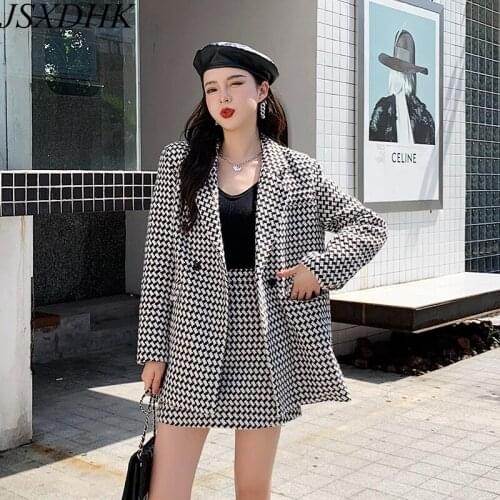 Fashion Women Plaid Tweed Two Piece Set Fall Winter Houndstooth Double-Breasted Thick Blazer Jacket + High Waist Mini Skirt Suit