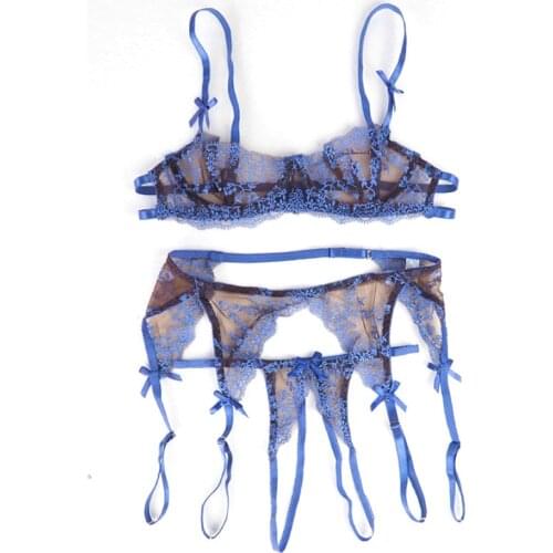 Womens Sexy Lingerie Cute See Through Embroidery Bra Lace Open Crotch G-thongs Garter Belt Set Panties and Bra Set Japanese