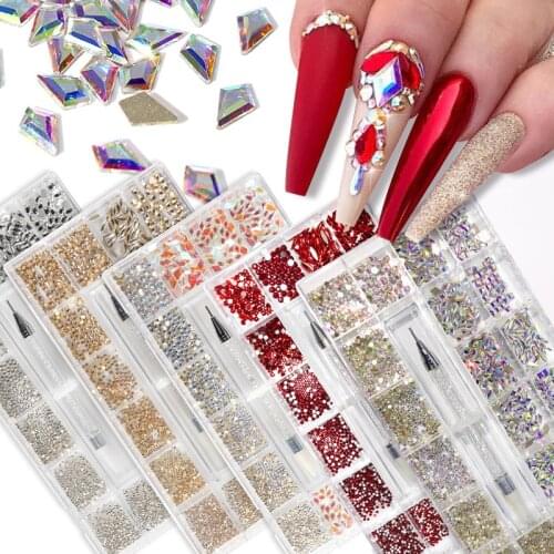 3100Pcs/Box Mixed AB Glass Crystal Diamond In Grids 21 Shape And SS4-SS20 Flatback Nail Art Rhinestone Set With 1 Pick Up Pen