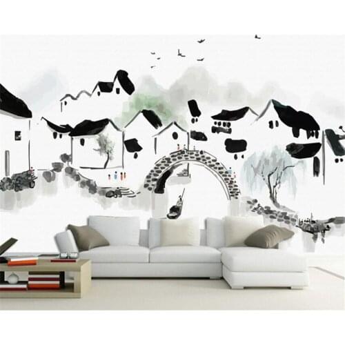 Beibehang wall paper home decor Hand painted Jiang nan Water Village Ink Painting Background 3d Wallpaper papier peint mural