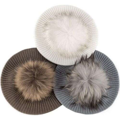 Retro Acrylic Beret Hat For Women Winter Autumn Spring French Solid Color Fashion Cap Korean Vintage Raccoon Fur Pompom Berets