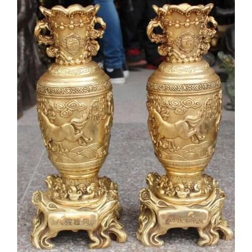 Free 16" Marked Chinese Bronze Successful Running 8 Horse Dragon Beast Vase Base Pair fast