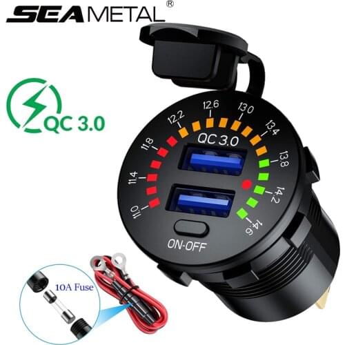 Quickly Charger Dual USB QC3.0 Fast Charger Socker 12/24V Car Cigeratte Lighter Adapter with Colorful Voltmeter & ON/Off Switch