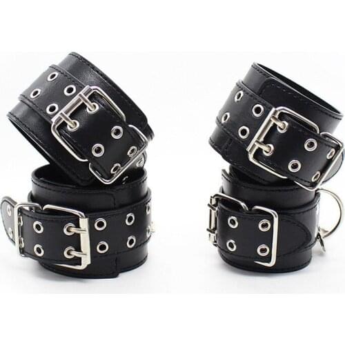 Black PU Leather Necklace with Chain Sexy Handcuffs Anketcuffs Women Sexy Bdsm Bondage Erotic Toys for Couples Fetish
