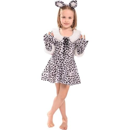 Kid Halloween White Leopard Cosplay Costume For Girl Children Dress With Headwear Carnival Party Fantasia Performance Dresses