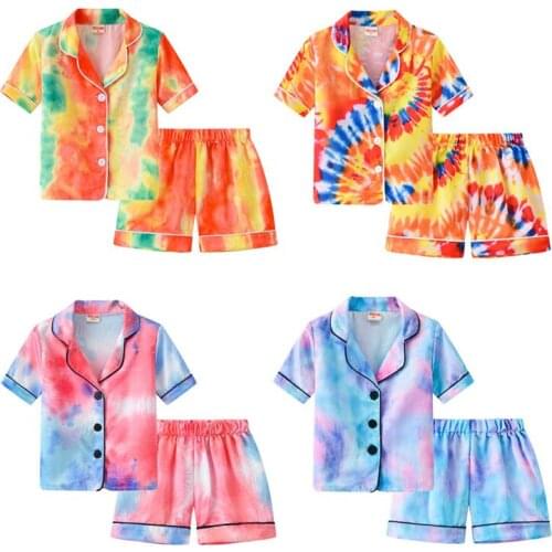 Childrens Pajamas Set Baby Suit Kids Clothes Toddler Boys Girls Ice Silk Satin Cartoon Printing Tops Pants Set Home Wear