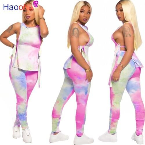 HAOOHU Women Sport Tie Dye Open Side T-shirt Stacked Jogger Pants Suit Two Piece Set Fashion Tracksuit Matching Set Outfits