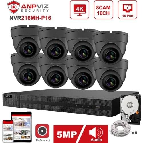 Hikvision OEM NVR 16CH 4K Anpviz 8pcs 5MP POE IP Camera System Indoor/Outdoor IP Camera CCTV Security Surveillance Kit IP66 30m