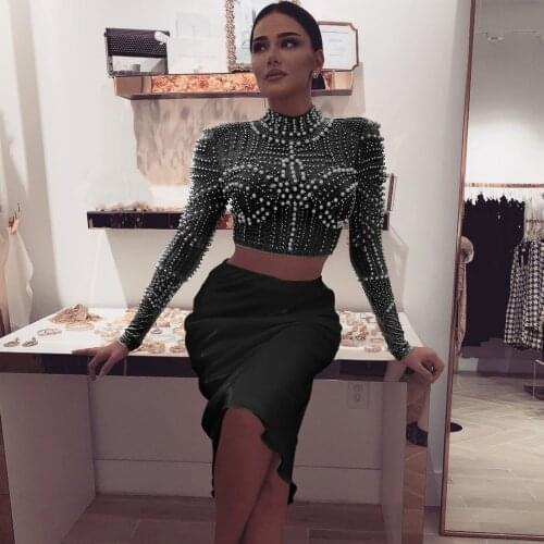 High Quality Black White Pearls Beading Two Pieces Set Rayon Bandage Set Club Party Fashion Outfit