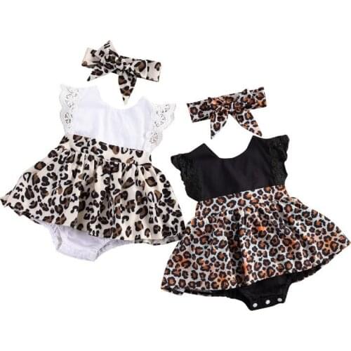 2021 Summer Fashion Newborn Baby Girls Clothes Leopard Rompers Headband Lace Ruffles Short Sleeve Jumpsuits 2pcs