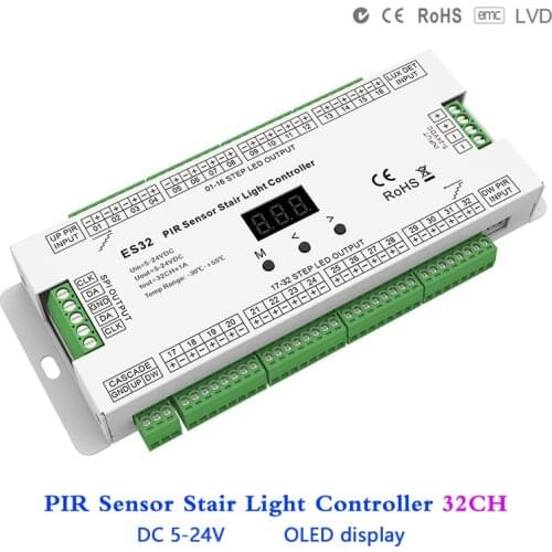 32CH Multifunctional PIR Sensor Stair Light LED Controller with Daylight Detection For DC5V - 24V WS2801 WS2811 WS2812 led Strip