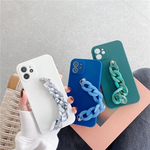 Fashion Candy Color Phone Cases with Wrist Strap for iPhone 12 Girls Silicone Covers with Chain for iPhone 11/7/8/XS/X/XR Shell