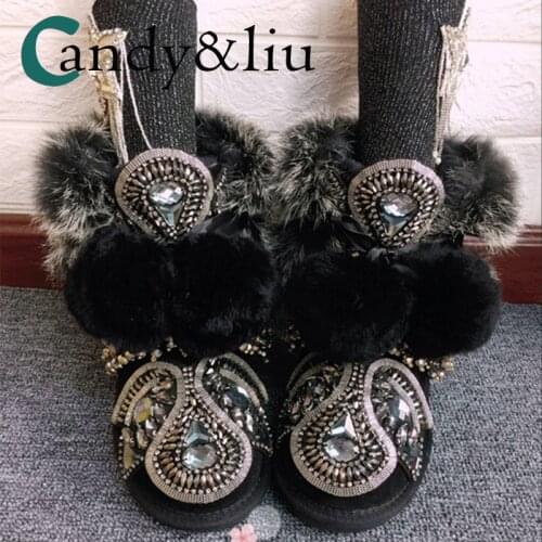 New winter handmade heavy industry diamond Joker warm leather rabbit fur ball boots