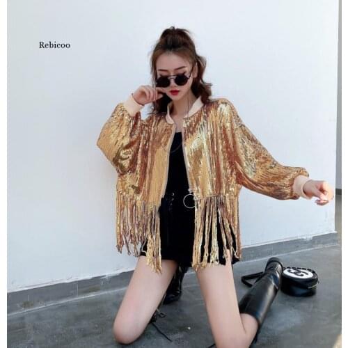 Solid Color Women Sequin Sequins Jacket Tassel Patchwork Women Jacket Sequined Coat Round Neck OuterWear Women Loose Jacket
