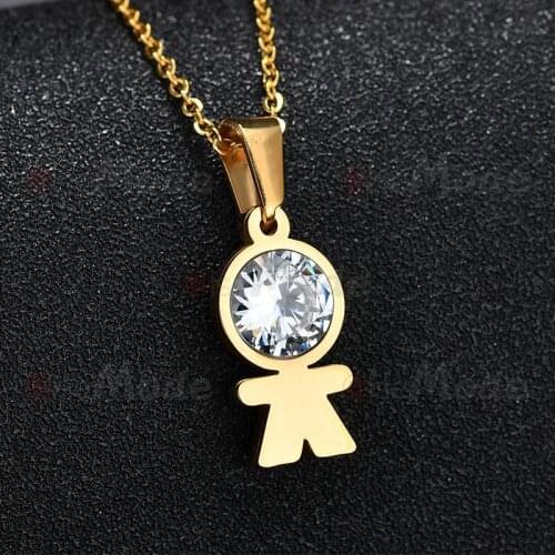 ELSEMODE Gold Color CZ Stone Boy Family Necklace For Women Stainless Steel Lovely Figure Son Chain Necklace Jewelry
