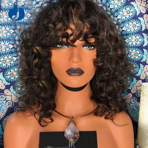 Amethyst Highlight Bob Cut Curly Human Hair Wigs With Bangs Remy Brazilian Full Machine Made Scalp Top Highlight Curly Wigs