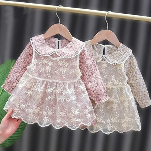 Baby Girls Dress Spring Autumn Doll Collar Long Sleeve Print Lace Stitching Fake Two-piece Princess Dress Cute Baby Clothes