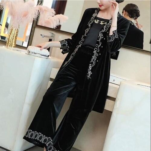 Christmas Gold Velvet Fashion Elegant Suit Womens Autumn And Winter New Embroidery Long Top + Casual Wide-Leg Pants S-XXL